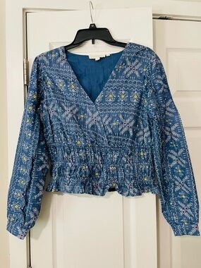Blue Floral V-Neck Smocked Waist Blouse